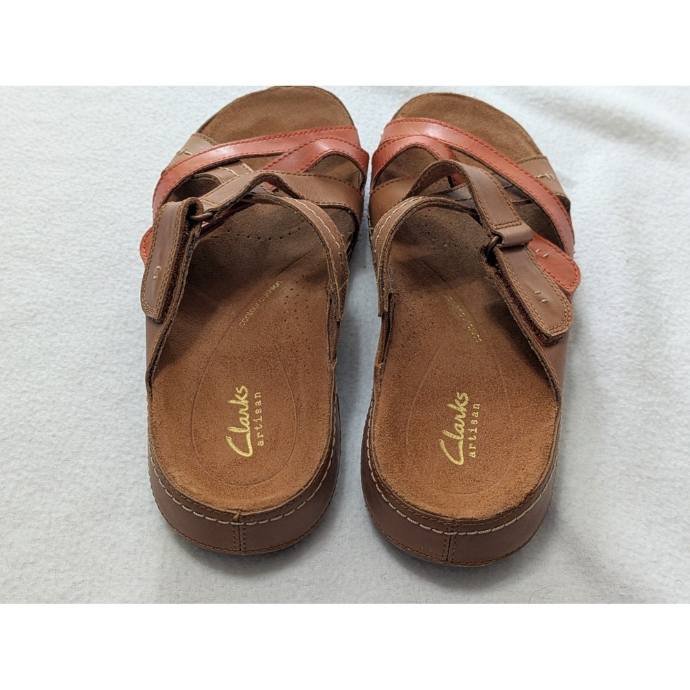 clarks Cecily Slide Tan Combination Sandals Comfort Sz 7 Slip On Leather - Picture 3 of 9